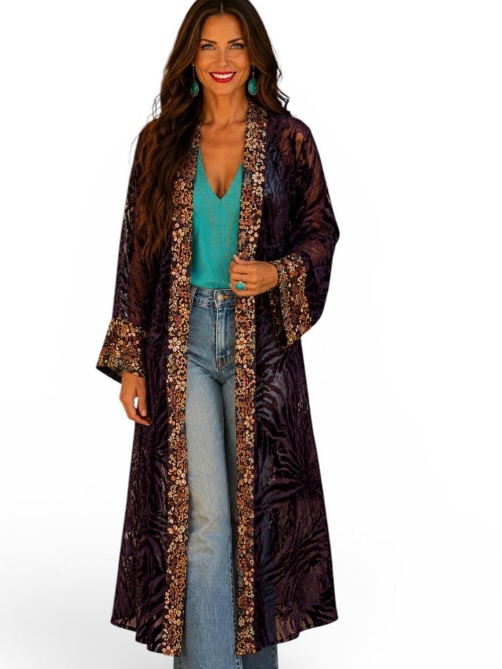 Johnny Was embroidered TWILIGHT SILK KIMONO with burnt out velvet sash NWT